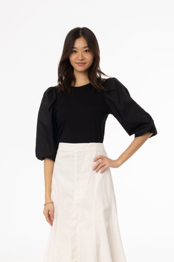 Black Puff Sleeve Mixed Fabric Tee