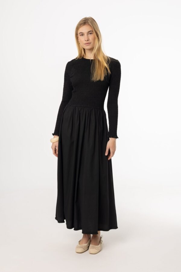 Black Smocked Cotton Maxi Dress