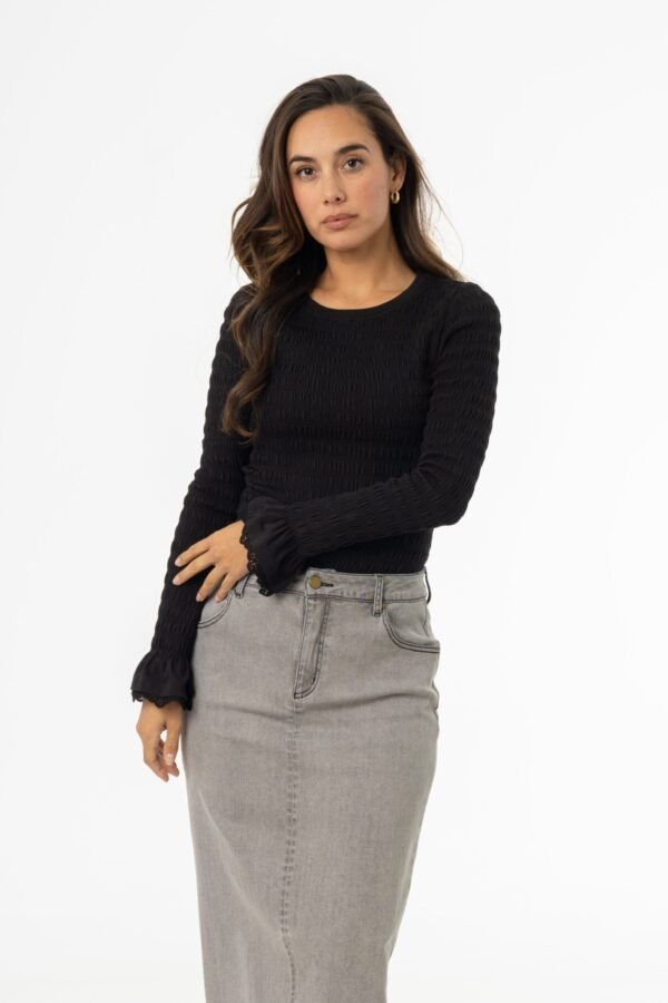 Black Smocked Ruffle Sleeve T-Shirt